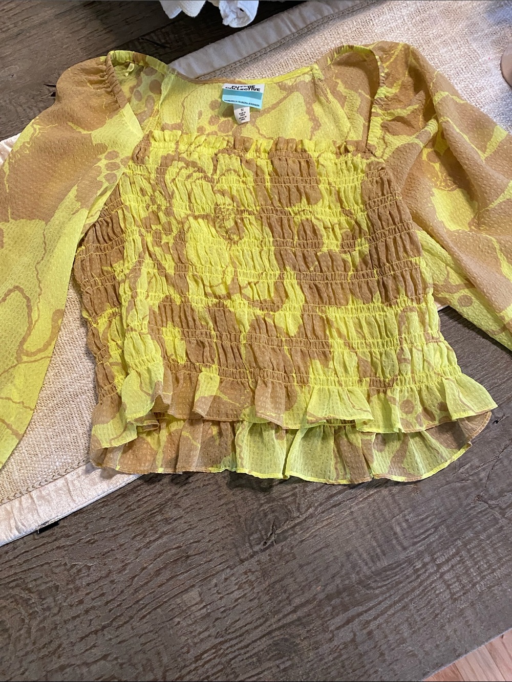 Smocked Sheer Floral-Print Blouse in Yellow and Tan